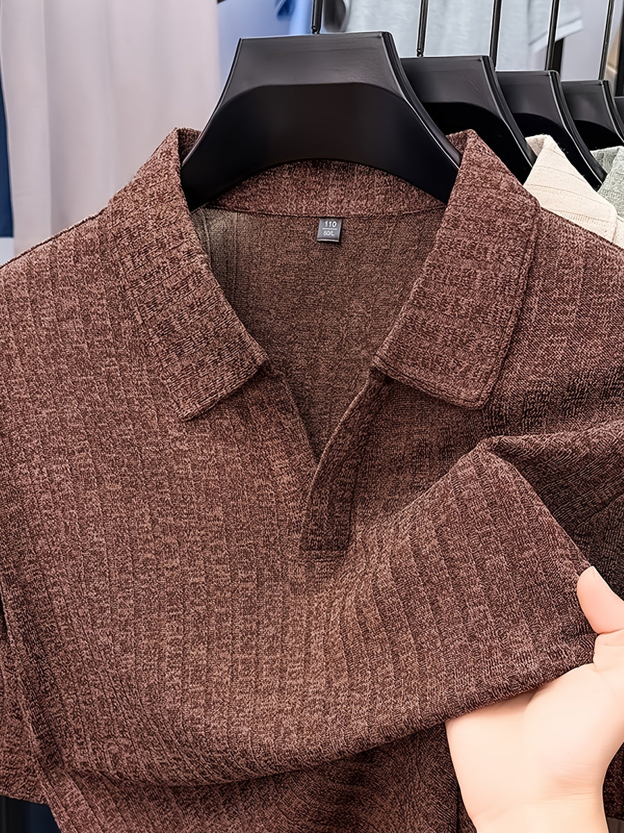 Old Money Aesthetic Vertical Ribbed Polo Sweater, Solid Color No-Button V-Neck Design, Commute Business/Casual Gathering Multi-Scene Short Sleeve Top, Light Athletic Non-Pick Body Men'S Top, Knit - Coffee Color