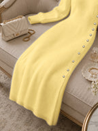 Women's Casual Plush Maxi Dress, V-Neck Long Sleeve Button Front Split Sweater Dress, Versatile for Autumn/Winter Daily Commuting, Soft and Comfortable Fabric, Christmas Style, Suitable for Party Outfits and Banquet Attire - Egg Yolk