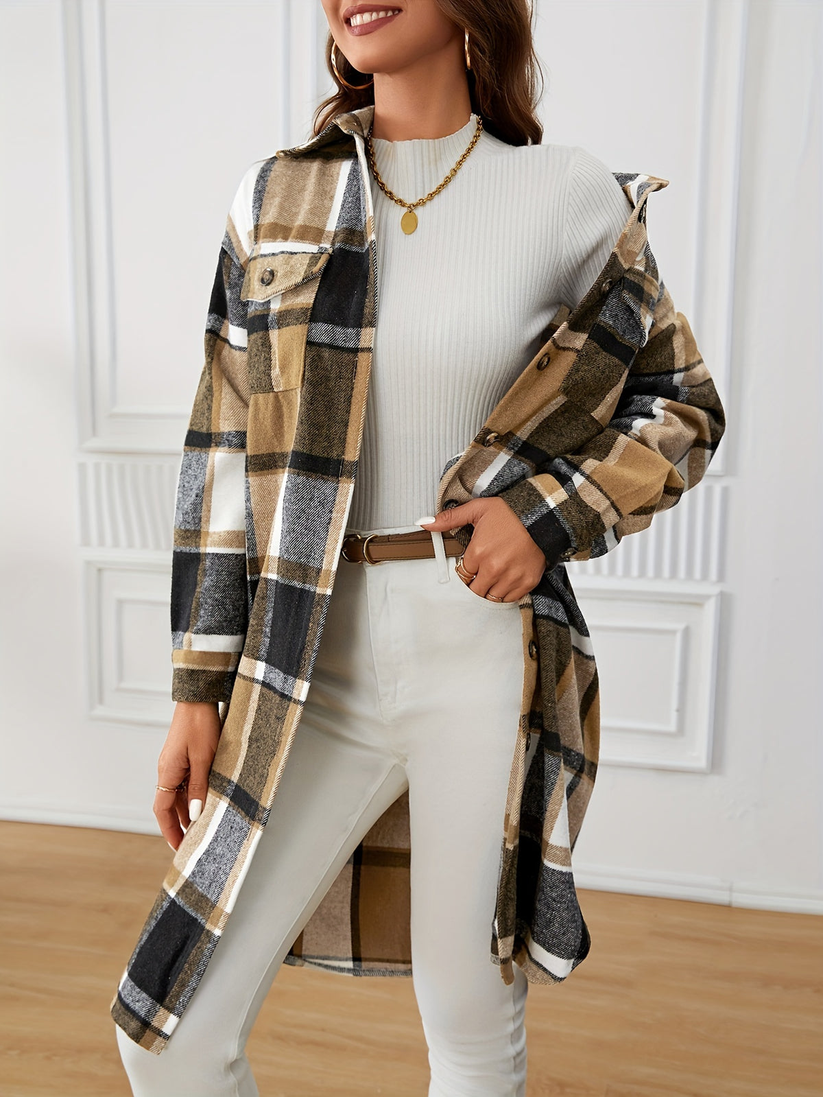Plaid Button Front Trench Coat, Vintage Long Sleeve Outwear For Fall & Winter, Women's Clothing - Khaki