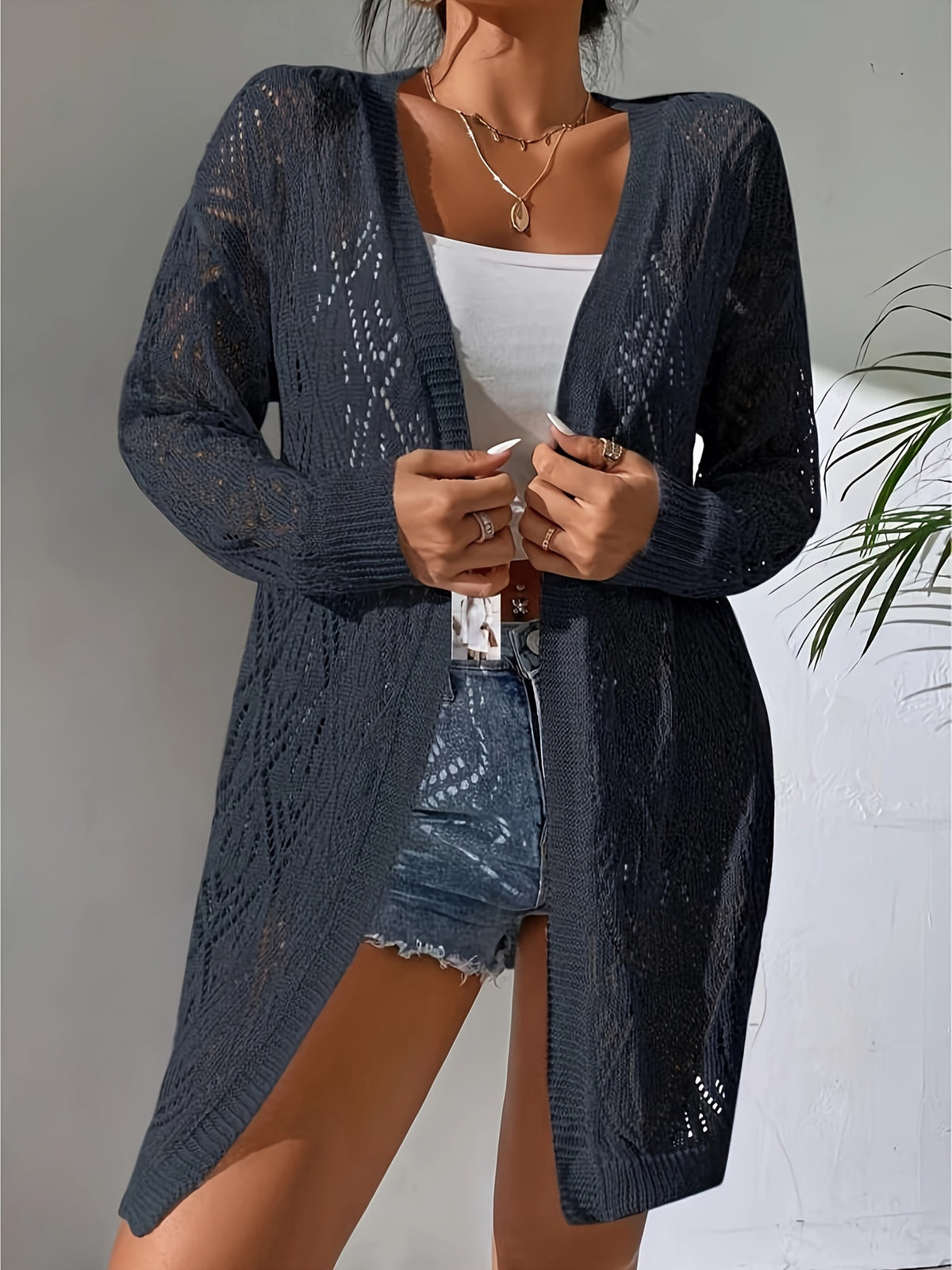 Full Hollow Shoulder Long Open Shirt - Navy Color