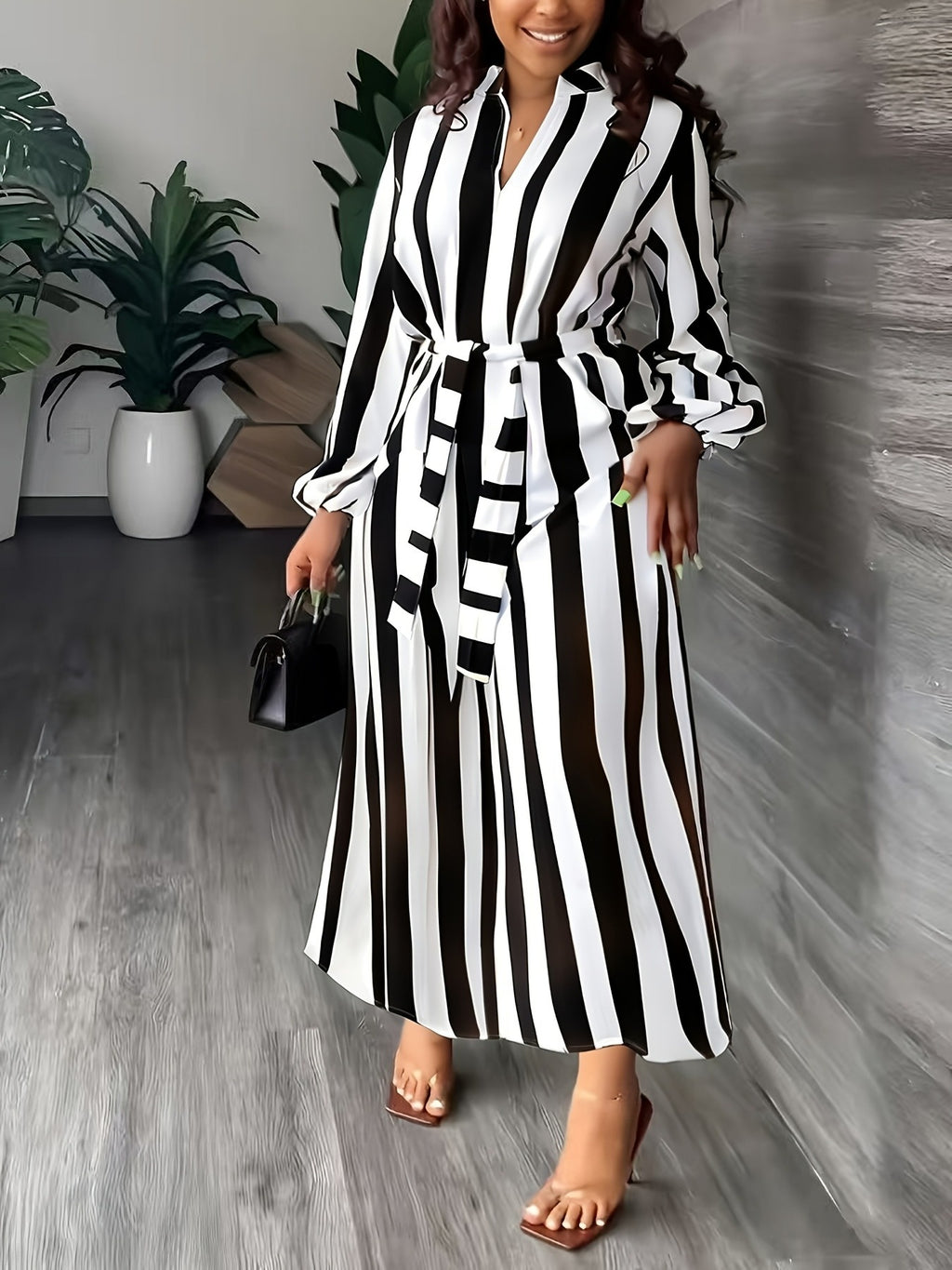 Striped Print V-Neck Dress | Long Sleeve, Belted, Casual Style, Suitable for Spring/Fall - Black