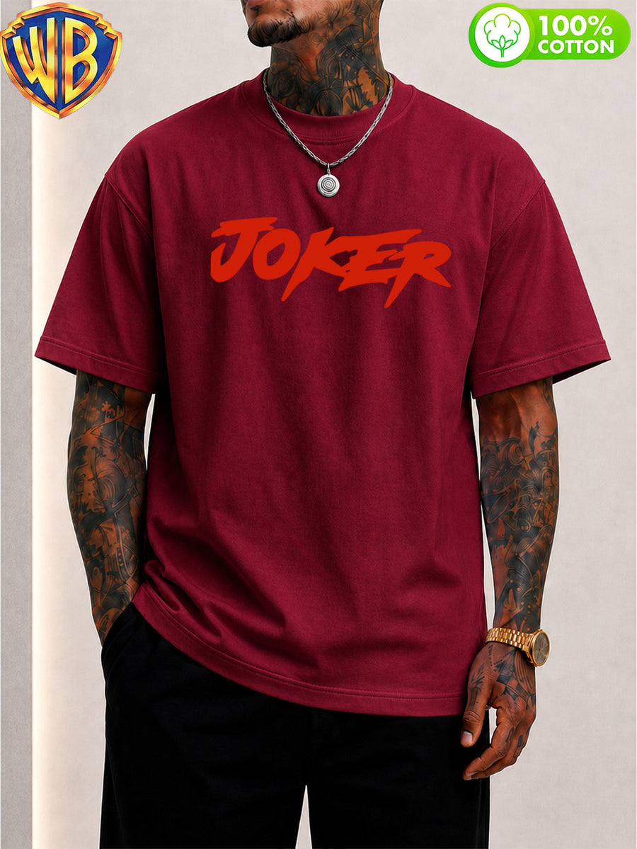 Dark Style Joker "Why So Serious?" Cartoon Print Men'S T-Shirt, Trendy Design Short Sleeve Top, Pure Skin-Friendly Breathable, Casual Versatile Non-Pick Body, Suitable for Daily Commute, Party, Holiday Date, Vacation Travel, Student Outfit - Burgundy