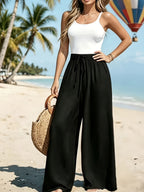 Women'S Solid Color Belt Loose Fit Wide Leg Pants - Black