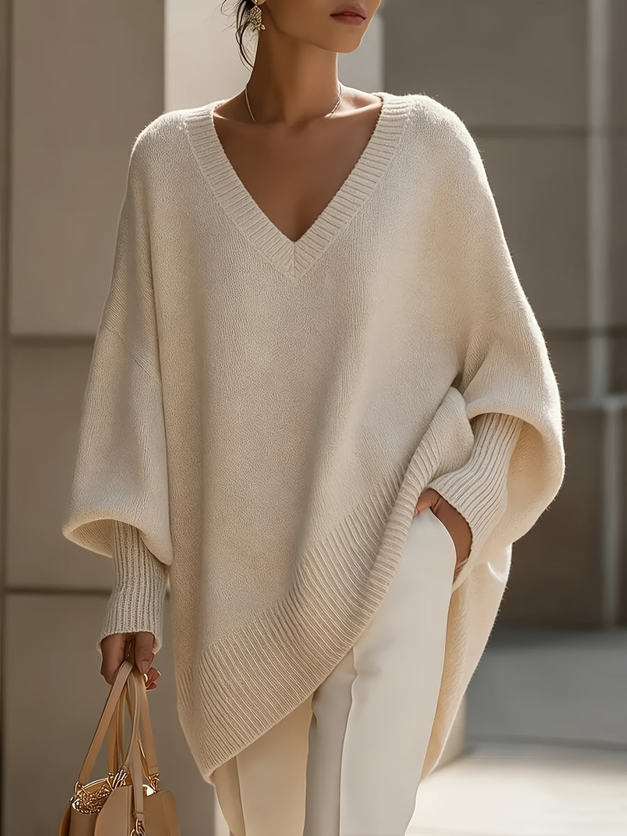 Plus Size - French Casual Style Plus Size V-Neck Sweater Women'S Loose Batwing Sleeve Solid Soft Pullover Sweater Autumn Winter Premium Top - Apricot