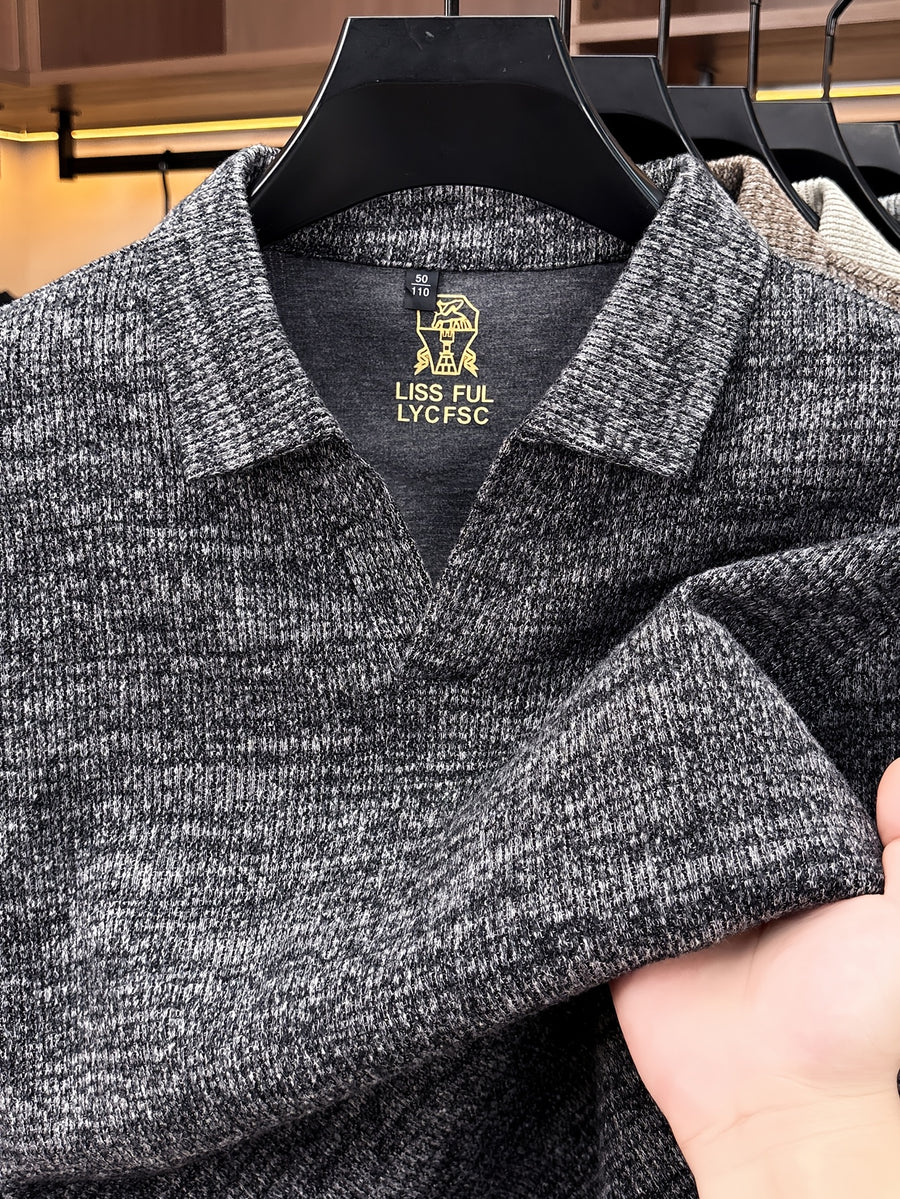 Autumn New Style Long Sleeve Polo Shirt Lapel No Button V-Neck Design Vertical Stripes Ribbed Knit Thick Long Sleeve Solid Color Basic Fit Outdoor Casual Commuter Men'S Clothing Quality Casual Top Business Office - heather grey