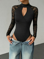 Spring/Autumn High-Neck Sheer Panel Long-Sleeve Top T-Shirt Sexy Casual Off-Shoulder Design Fitted Silhouette with Hidden Snap Closure at Crotch 1pc Bodysuit - Black