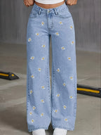 Women's Summer Trendy Daisy Embroidered Denim Wide-Leg Pants - Light Blue