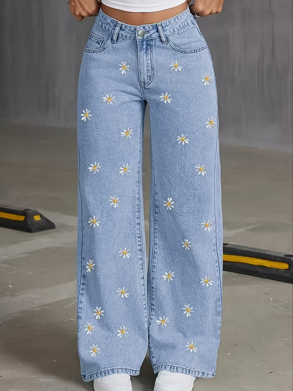 Women's Summer Trendy Daisy Embroidered Denim Wide-Leg Pants - Light Blue