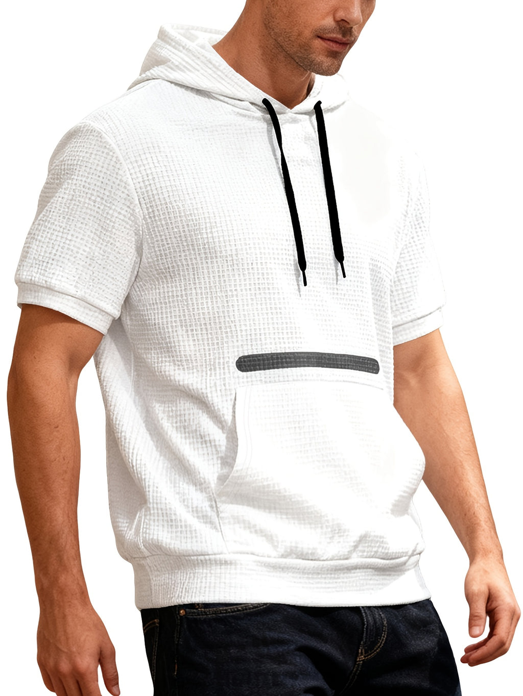 Men's Waffle Knit Short Sleeve Hoodie - Lightweight Breathable Pullover with Contrast Striped Kangaroo Pocket & Hooded Suitable for Spring Summer Fall Layering, Casual Streetwear Gift for, Husband, Boyfriend - White