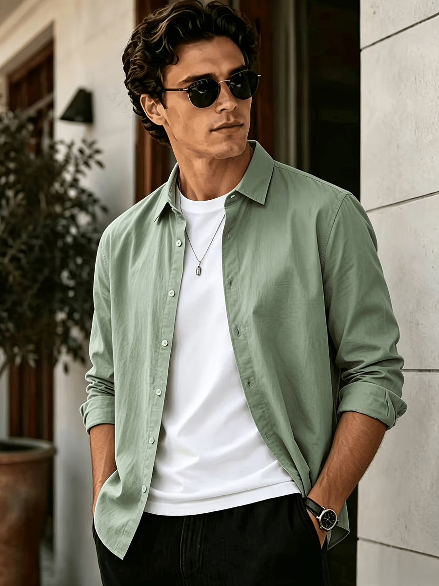 Men'S Long Sleeve Casual Shirt for Summer, Lightweight, Breathable And Comfortable. Slim-Fit And Versatile with Relaxed Cut, Ideal for Daily Commuting And Travel Outfits. (Shirt solely) - Olive Green