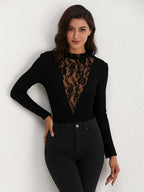 Charming All-Match Long Sleeve Lace Patchwork Backless Bodysuit, Best Choice for Fall Gatherings - Black