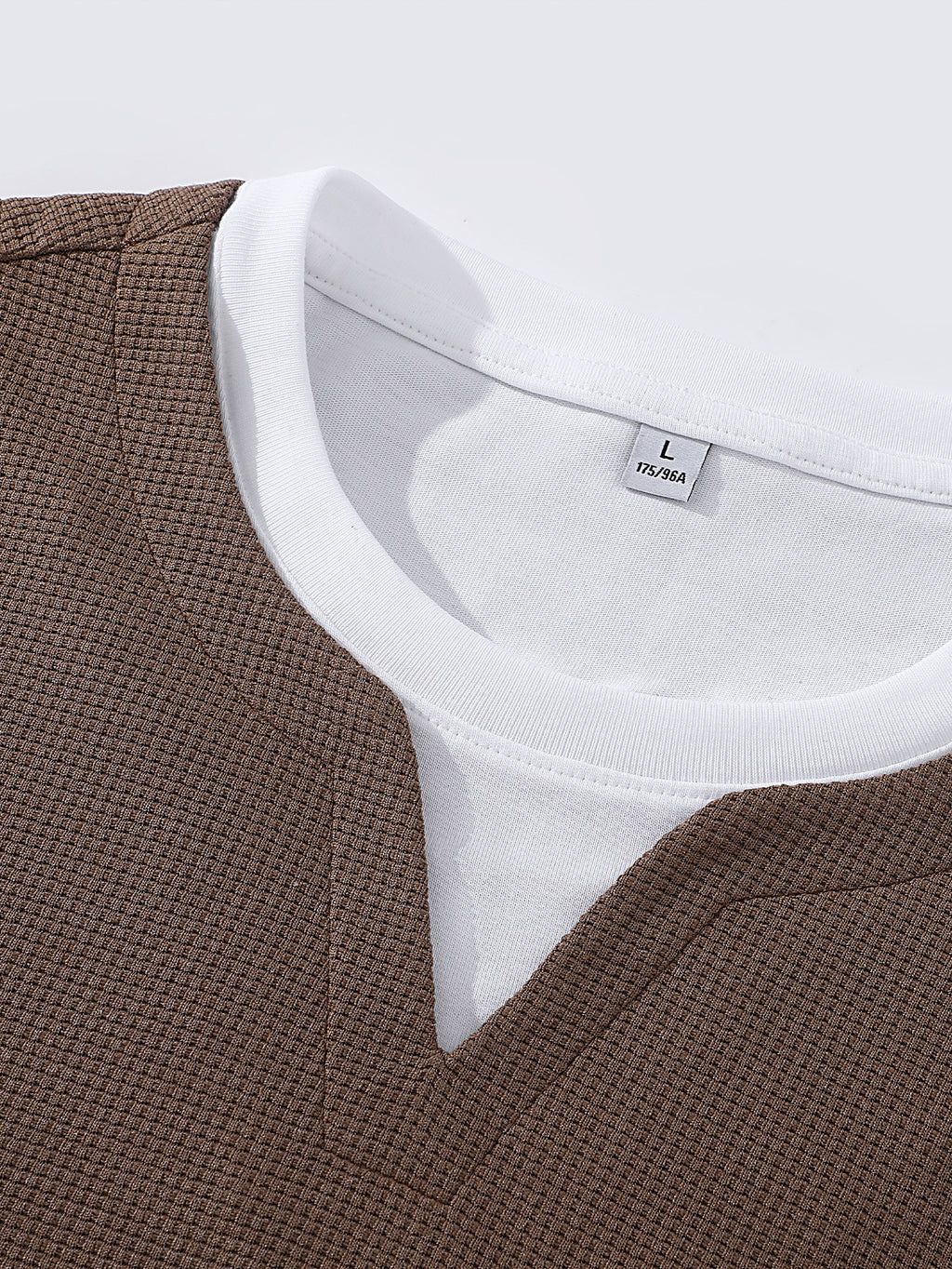 Men's Waffle Knit 2-in-1 Look Long Sleeve T-Shirt, Small V-Neck Patchwork Design, Breathable Textured Fabric Loose Fit, Daily Commute Home Casual Top, Versatile Spring and Autumn Base Layer for Inner or Outer Wear - Coffee Color