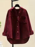 Plus Size, Women's Plus Size Corduroy Button-Front Shirt Jacket - Elegant Loose Fit Blouse, Spring Summer Fall Casual Outerwear, Machine Washable Layering Piece for to Weekend (No Bulk) - Burgundy