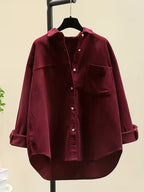Plus Size, Women's Plus Size Corduroy Button-Front Shirt Jacket - Elegant Loose Fit Blouse, Spring Summer Fall Casual Outerwear, Machine Washable Layering Piece for to Weekend (No Bulk) - Burgundy