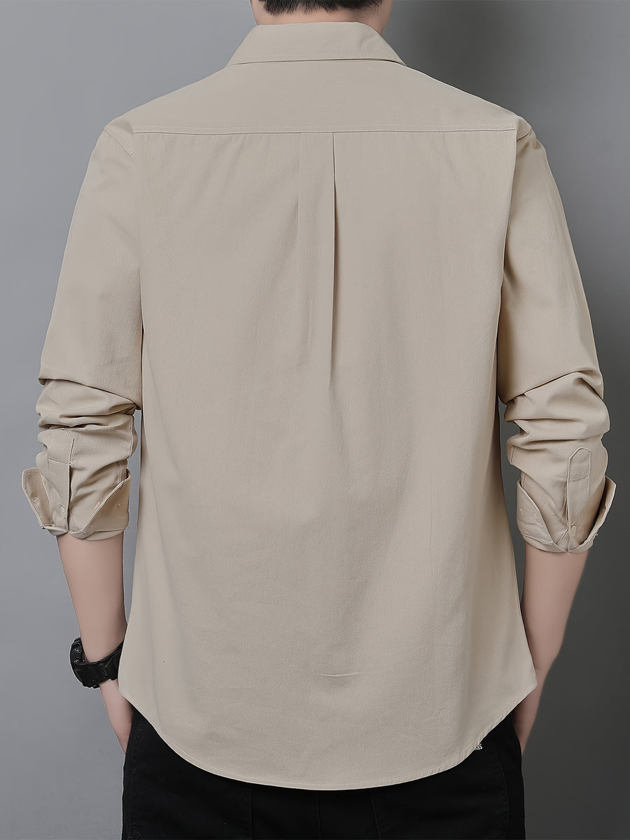Men'S Long Sleeve Shirt with Lapel, Easy Letter Print Solid Color Hidden Single Pocket Casual Shirt, Washed Breathable Fabric, Spring/Autumn Commute Daily Wear Men'S Top, Inner And Outer Wear Multi-Color Available - Apricot