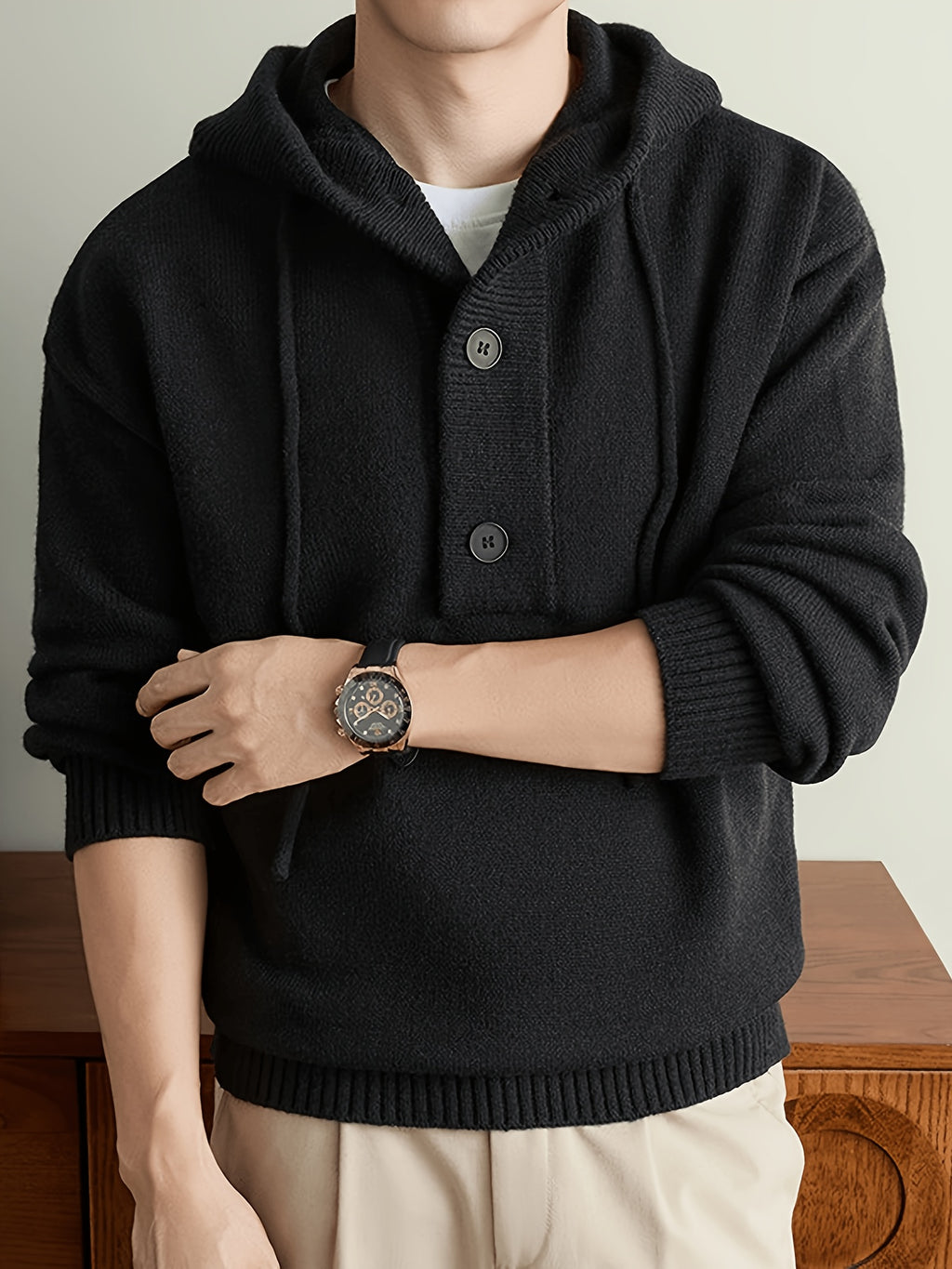 Men'S Hooded Henley Knit Pullover Sweater, Half-Button Drawstring Long Sleeve Ash Gray Solid Color Sweater, Soft Warm Regular Fit Casual Top, Men'S Commute Fall Winter Wear - Black