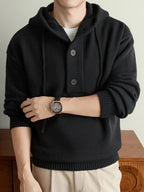 Men'S Hooded Henley Knit Pullover Sweater, Half-Button Drawstring Long Sleeve Ash Gray Solid Color Sweater, Soft Warm Regular Fit Casual Top, Men'S Commute Fall Winter Wear - Black