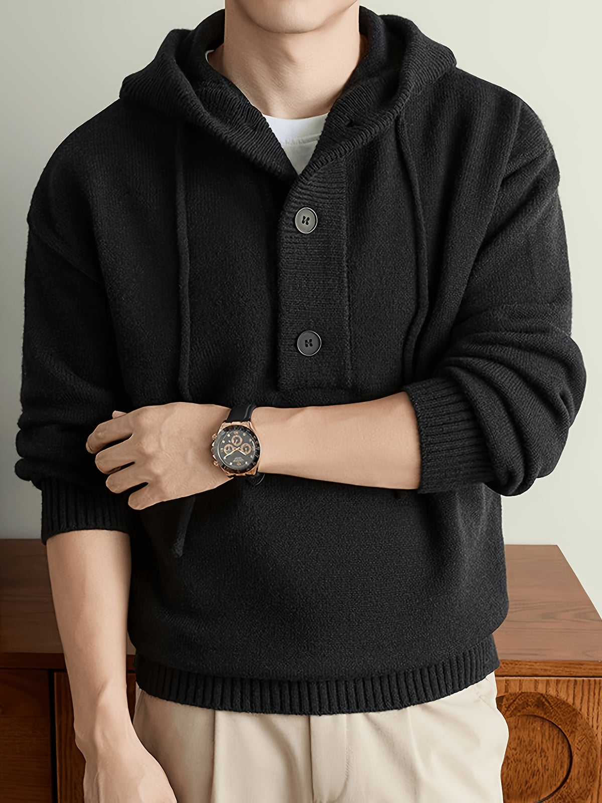 Men'S Hooded Henley Knit Pullover Sweater, Half-Button Drawstring Long Sleeve Ash Gray Solid Color Sweater, Soft Warm Regular Fit Casual Top, Men'S Commute Fall Winter Wear - Black