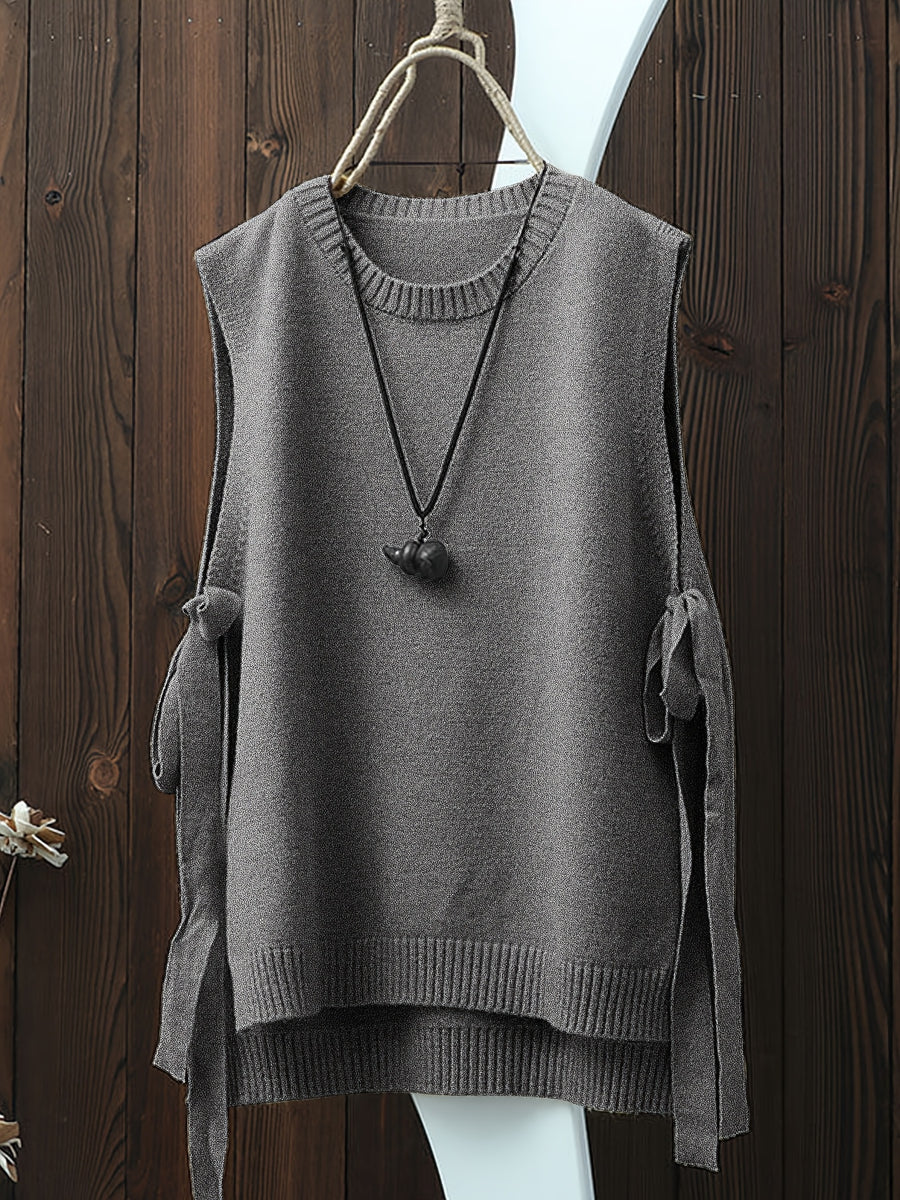 Women'S Spring Autumn Casual Fashion Niche Chic Vintage Easy Solid Round Neck Vest Sleeveless Side Slit Tie-Up Short Front Long Back Design Temperament Daily Versatile Quality Premium Gentle Elegant Loose Lazy Style Outerwear Sleeveless Camisole Top - Grey
