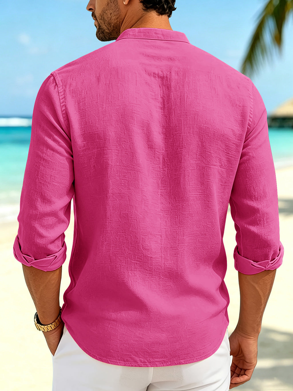 Men'S New Fashion Stand-Up Collar Long Sleeve Shirt, Lightweight Linen-Like Comfortable Fabric, Laborer Print Pattern, Suitable for Daily Commute Outdoor, Beach Vacation And Multi-Scene Wear Casual Shirt, Regular Fit Non-Picky Body Shape - Rose Red