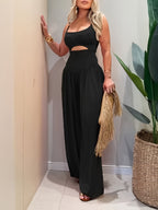 Western Style Black Cami Waist-Baring Jumpsuit Women'S Summer New High-Waist Loose Wide-Leg Pants Casual Long Trousers - Black