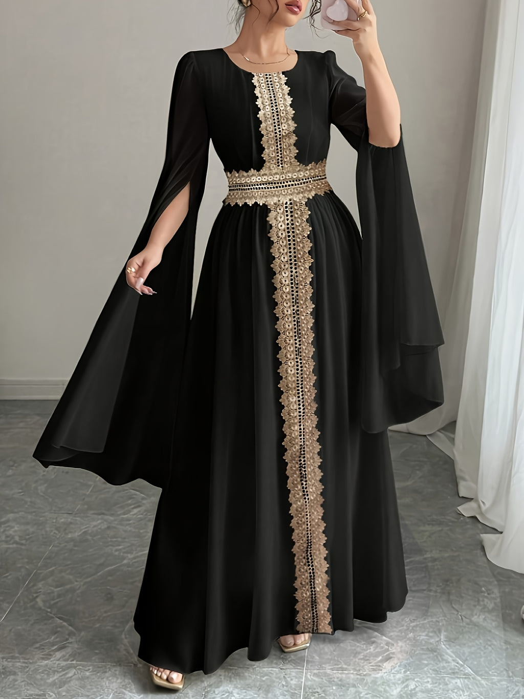 Women'S Autumn/Winter Solid Color Sequin Patchwork Tie Long Sleeve Split Chiffon Dress - Black