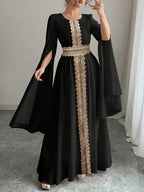 Women'S Autumn/Winter Solid Color Sequin Patchwork Tie Long Sleeve Split Chiffon Dress - Black