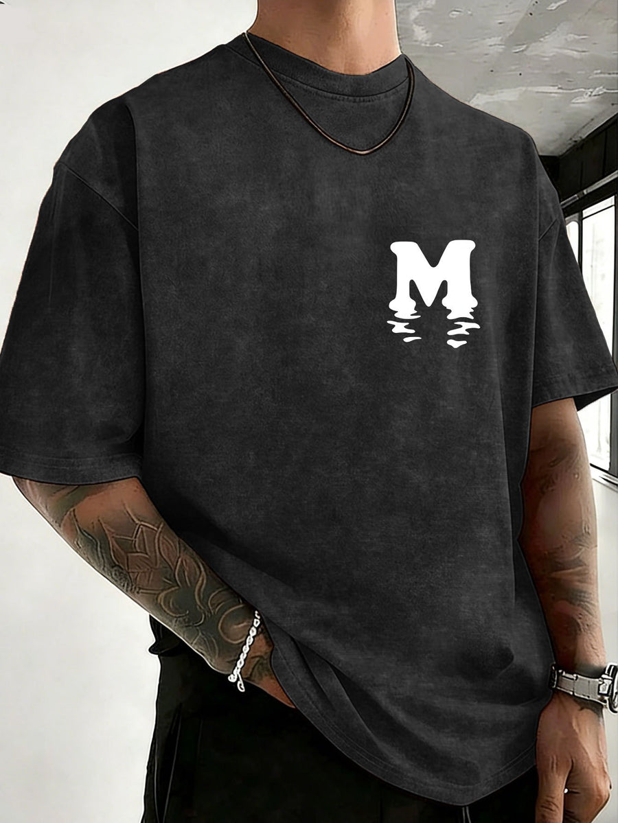 Unisex 100% Cotton Washed Vintage Crew Neck Short-Sleeve T-Shirt, Double-Sided Position Print, Trendy Loose Casual Top, 12 Colors Available - Black