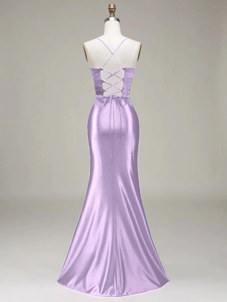Women's Solid Color Satin Slip Dress with High Slit, Back Tie Waist, Cinched Fit, Pleated Details, and Hip-Hugging Design, Elegant for New Year's, Valentine's Day, Parties, Graduations, Weddings, and Bridesmaid Attire - Light Purple