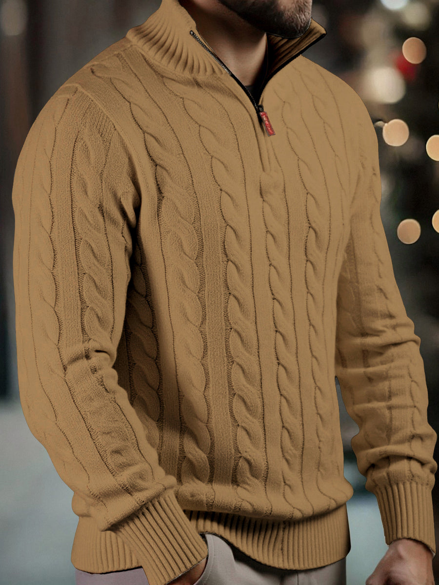 Men's Fashion High-Neck Zipper Twist Knit Sweater, Solid Color Versatile Pullover, Soft Medium-Stretch Fabric, Suitable for Autumn/Winter Office, Date Night, Casual Wear, Ideal as a Gift - Camel