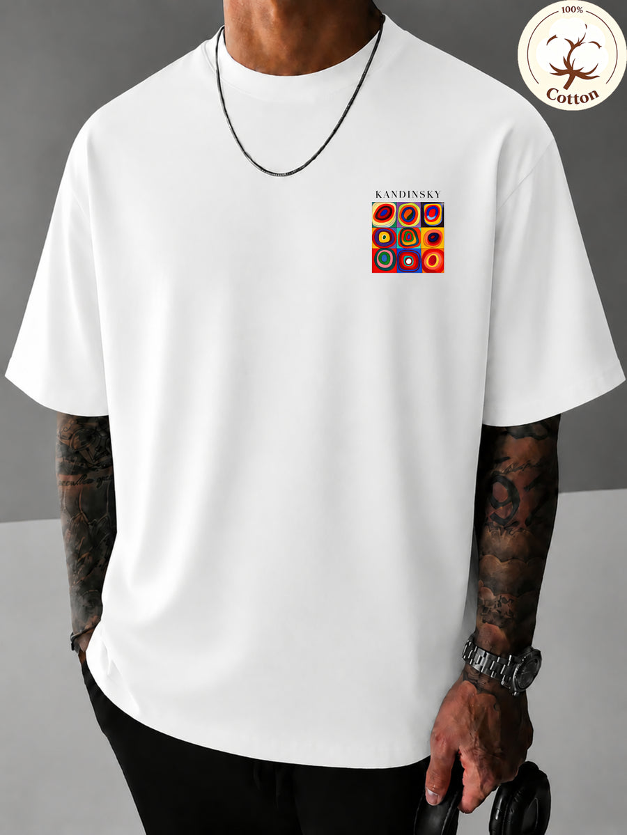 New High Quality Men's T Shirt 100% Cotton, Artistic Geometric Colorful Squares Print, Casual Daily Wear Streetwear Fashion, Short Sleeve Round Neck Top Machine Washable - White