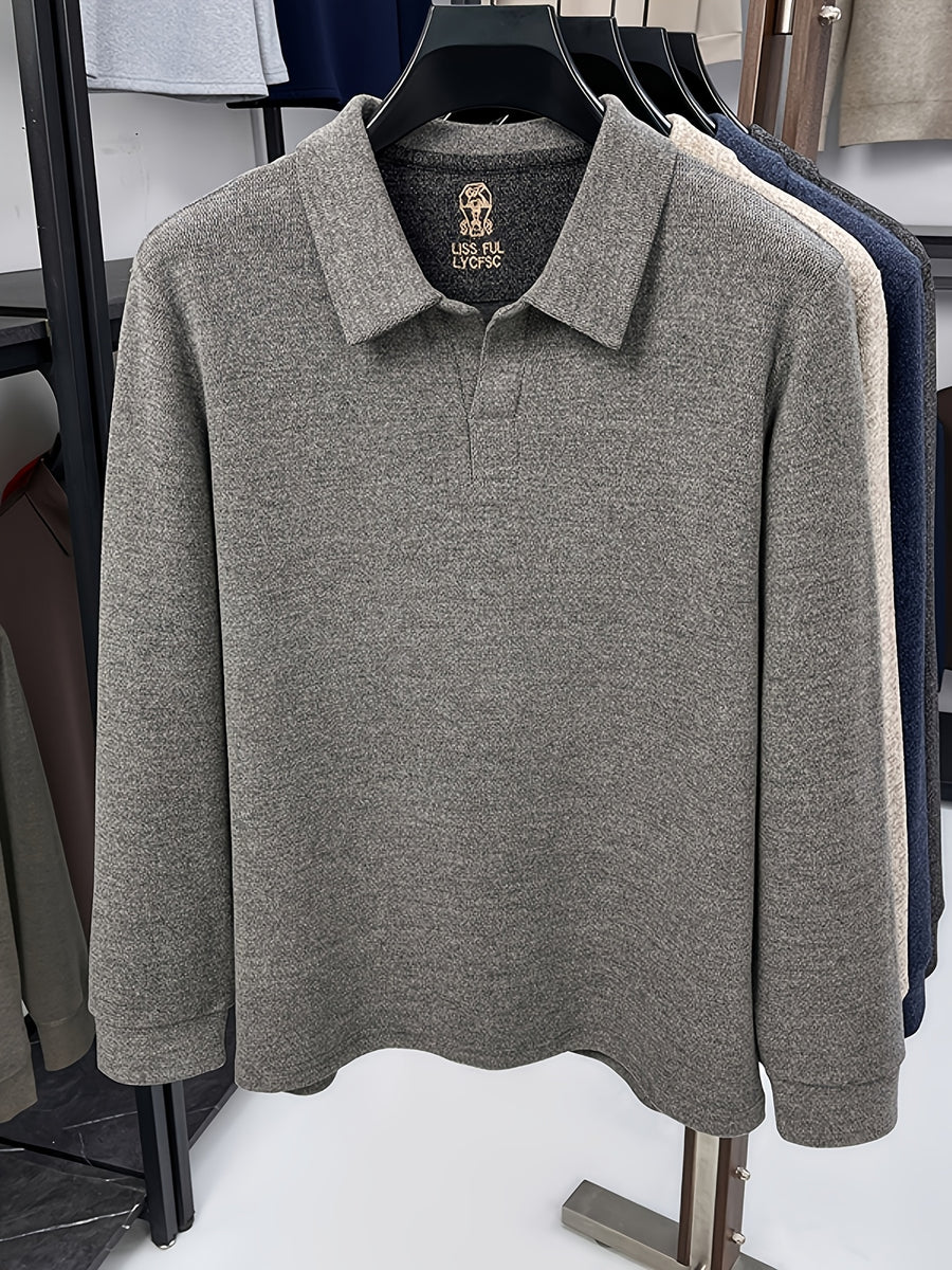 Men's Solid Color Long-Sleeve Polo Knit Shirt, Soft and Skin-Friendly Blended Yarn Polo Shirt, Semi-Open Collar for Easy Wear and Universal Fit, Suitable for Daily Commuting, Visiting Friends and Family, Casual Loose-Fit Long-Sleeve T-Shirt - Grey