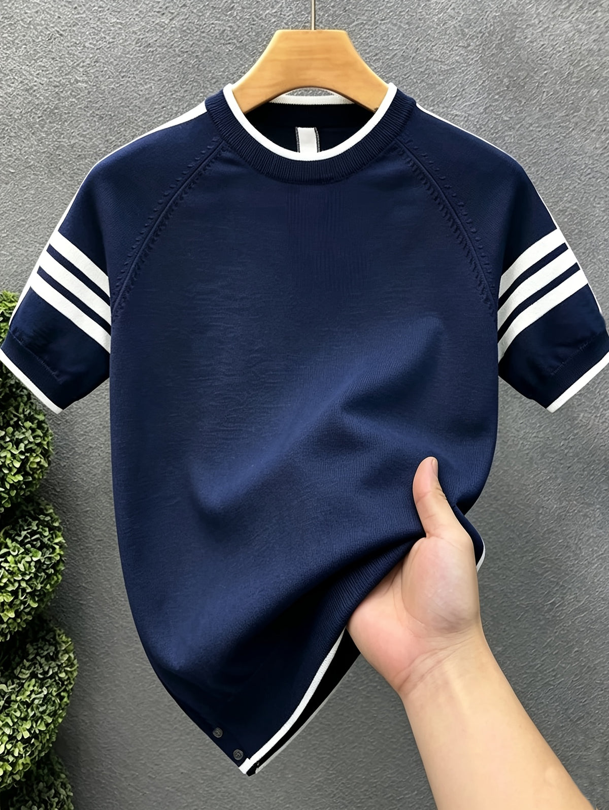 Men'S Knit Pullover Sweater in Stock Summer Light Mature Fashion Brand Contrast Striped Premium Knit Short Sleeve Men'S Round Neck T-Shirt Top - Navy Color