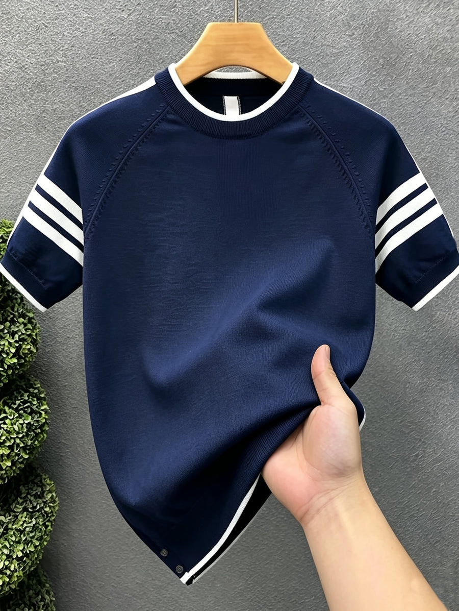 Men'S Knit Pullover Sweater in Stock Summer Light Mature Fashion Brand Contrast Striped Premium Knit Short Sleeve Men'S Round Neck T-Shirt Top - Navy Color