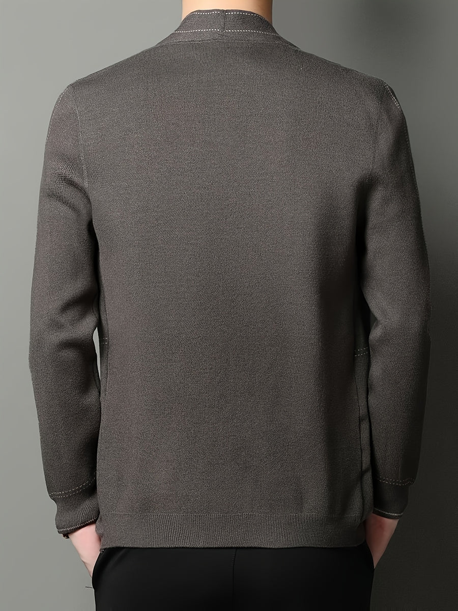 Xingmengzhi OBM 2025 Spring/Autumn New Striped Sweater Coat with Wool Long Sleeve Cardigan for Men, Business Casual Knitwear - Coffee Color
