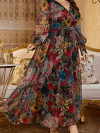Plus Size - Plus Size - 2025 Spring And Summer New Elegant Floral Printed V-Neck Long Sleeve Lantern Sleeve Loose Long Waist Plus Size Women'S Dress - Multicolor