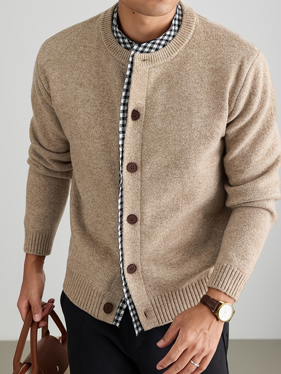 Men's Knitted Cardigan with Round Neck, Black and White Checkered Placket, 2-in-1 Look, Single-Breasted, Business Casual, Spring/Autumn Regular Fit for Daily Commuting - Beige Camel