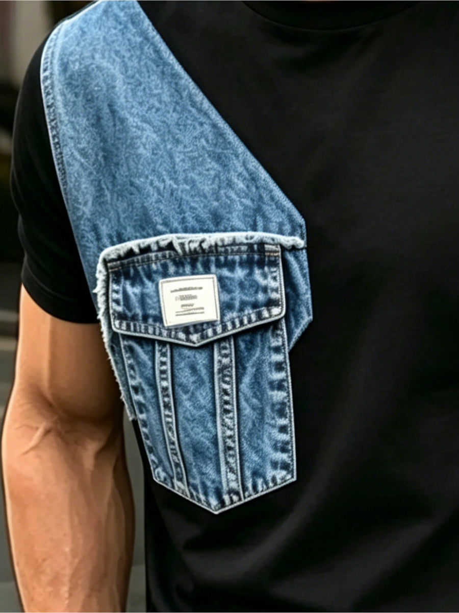 Men'S Fake Faux Denim Pocket Optical Illusion T-Shirt, Faux Jean Patch Crew Neck Short Sleeve Street Tee - Mixed colors