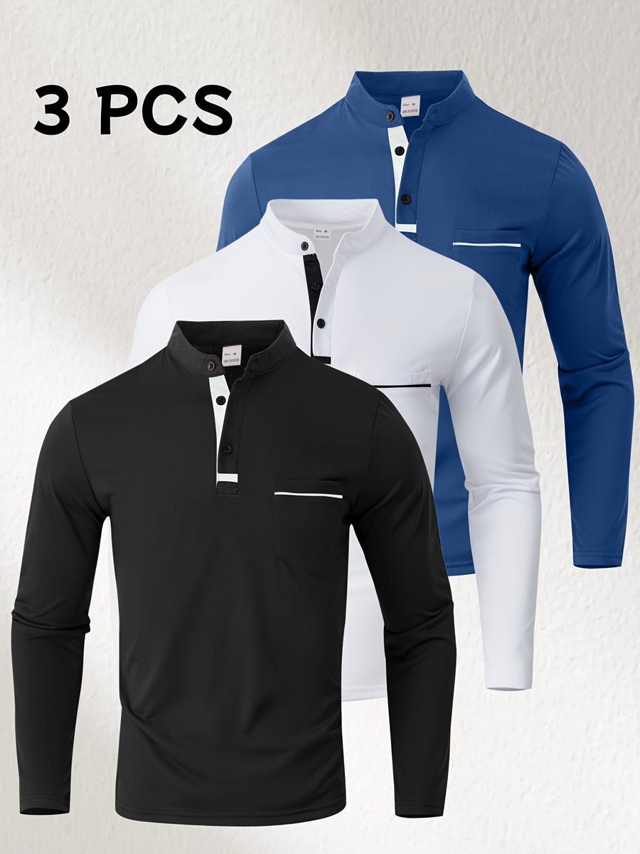 [Josh May OBM] 3pcs Men'S Long Sleeve Henley Shirts, Skin-Friendly Comfortable Fabric, Natural Elasticity Wearing Experience, Slim Casual Fit, Stand Collar Button-Up Design, Contrast Color Patchwork Detail, Chest Pocket Decoration - Black + White + Sea Blue