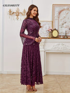 Elegant and Stylish Purple Ball Gown with Sequins and Bead Embellishments, Long-sleeve Floor-length Evening Dress, Lace Maxi Dress, Formal Evening Guest Attire, Suitable for Halloween, Christmas, Parties, Weddings, Proms, Spring/summer, and All - Purple