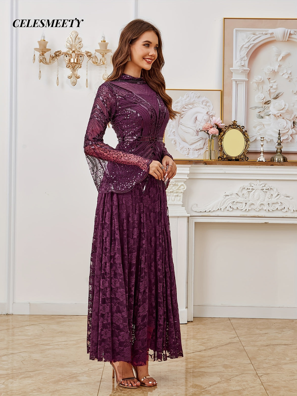 Elegant and Stylish Purple Ball Gown with Sequins and Bead Embellishments, Long-sleeve Floor-length Evening Dress, Lace Maxi Dress, Formal Evening Guest Attire, Suitable for Halloween, Christmas, Parties, Weddings, Proms, Spring/summer, and All - Purple