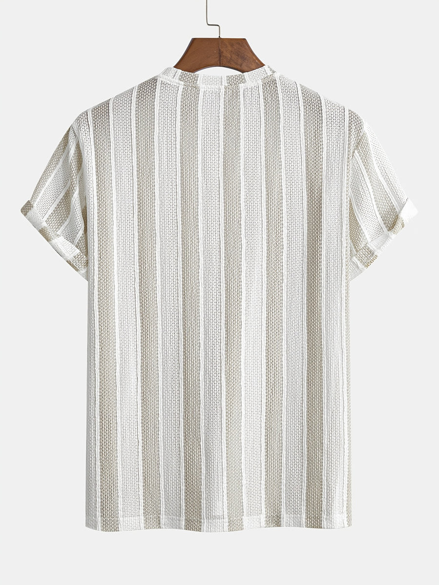 Men'S Vertical Striped Textured Knit T-Shirt, Breathable Jacquard Crew Neck Short Sleeve Tee, Casual Summer Fashion Shirts for Daily Wear - Apricot