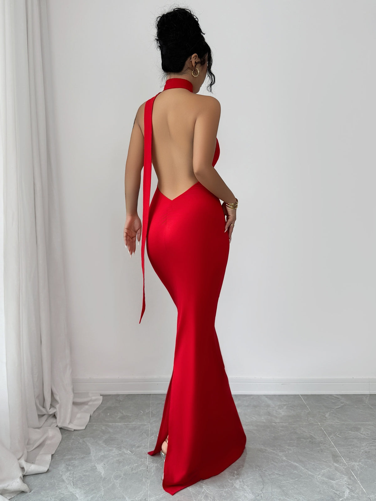 Women'S Sexy Backless Hollow-Out Holiday Dating Essential Scarf Design Back Slit Super Long Dress - Red
