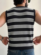 Summer New Men'S Knit Casual Loose Pullover Shirt, Casual Vacation Style Easy Classic Striped Round Neck Sleeveless Vest, Suitable for School, Work, Commuting, Travel, Vacation, Street Wear - Black