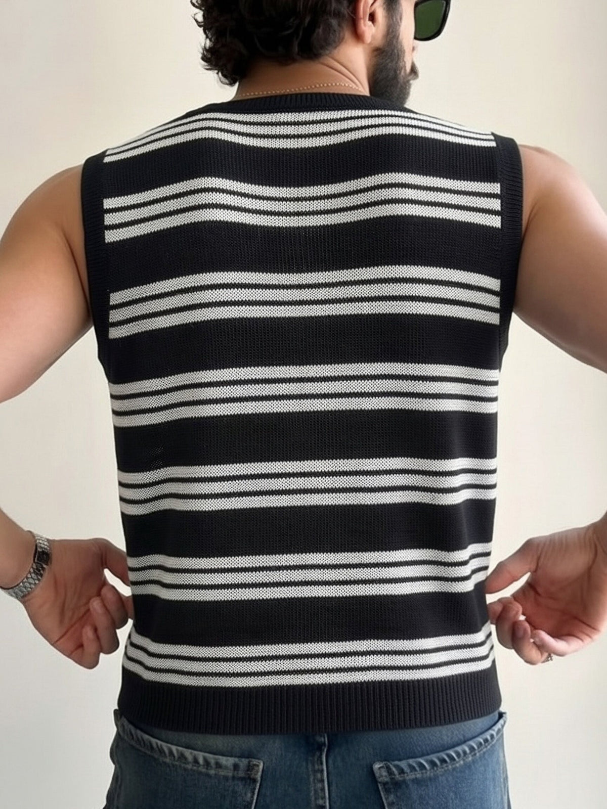 Summer New Men'S Knit Casual Loose Pullover Shirt, Casual Vacation Style Easy Classic Striped Round Neck Sleeveless Vest, Suitable for School, Work, Commuting, Travel, Vacation, Street Wear - Black