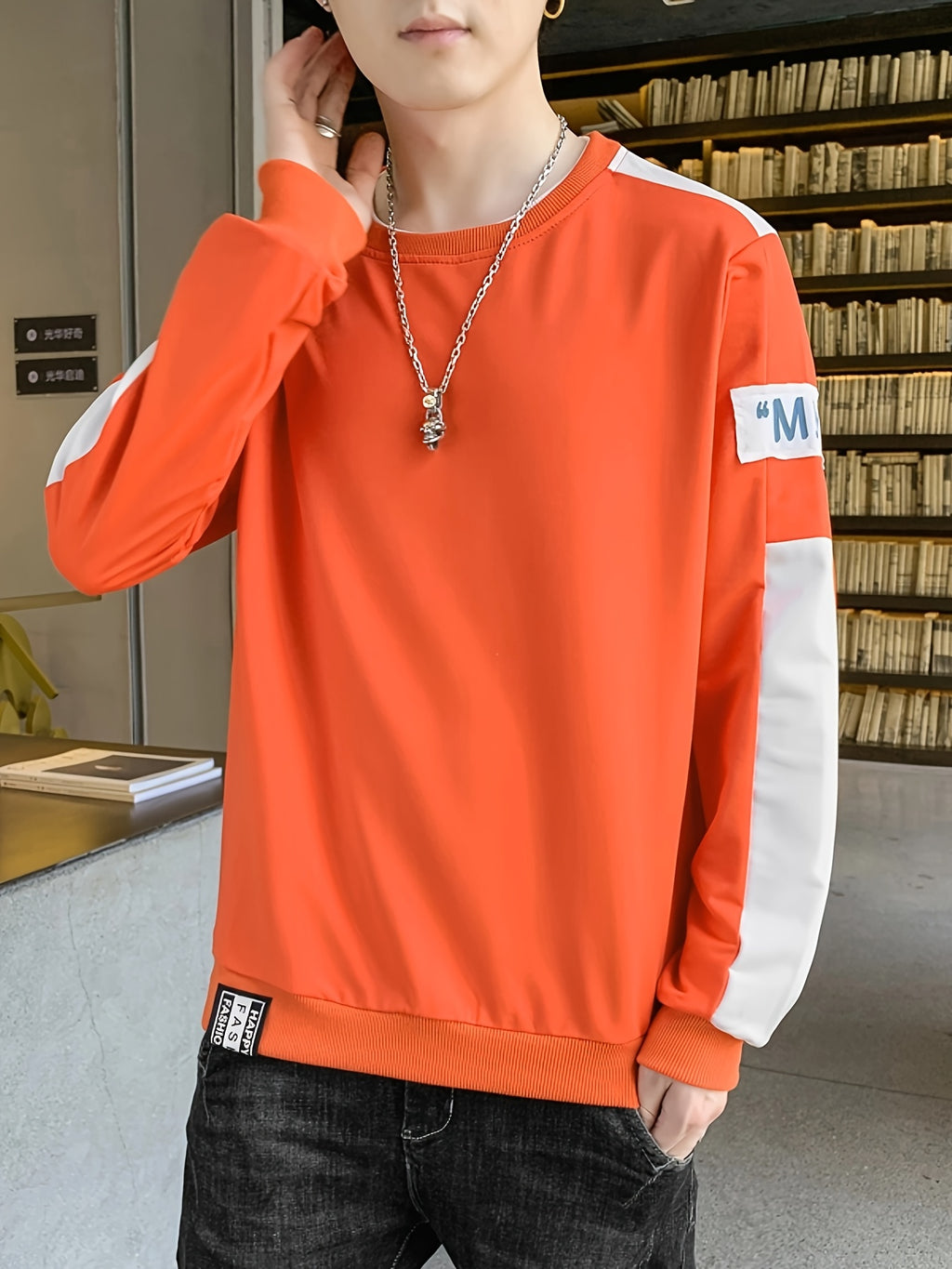 1pc Men's Casual Sportswear Top, Pullover Fashion Long Sleeve, Suitable for Spring and Autumn Outdoor Daily Running, Color-Block Letter Men's Sweatshirt - Red