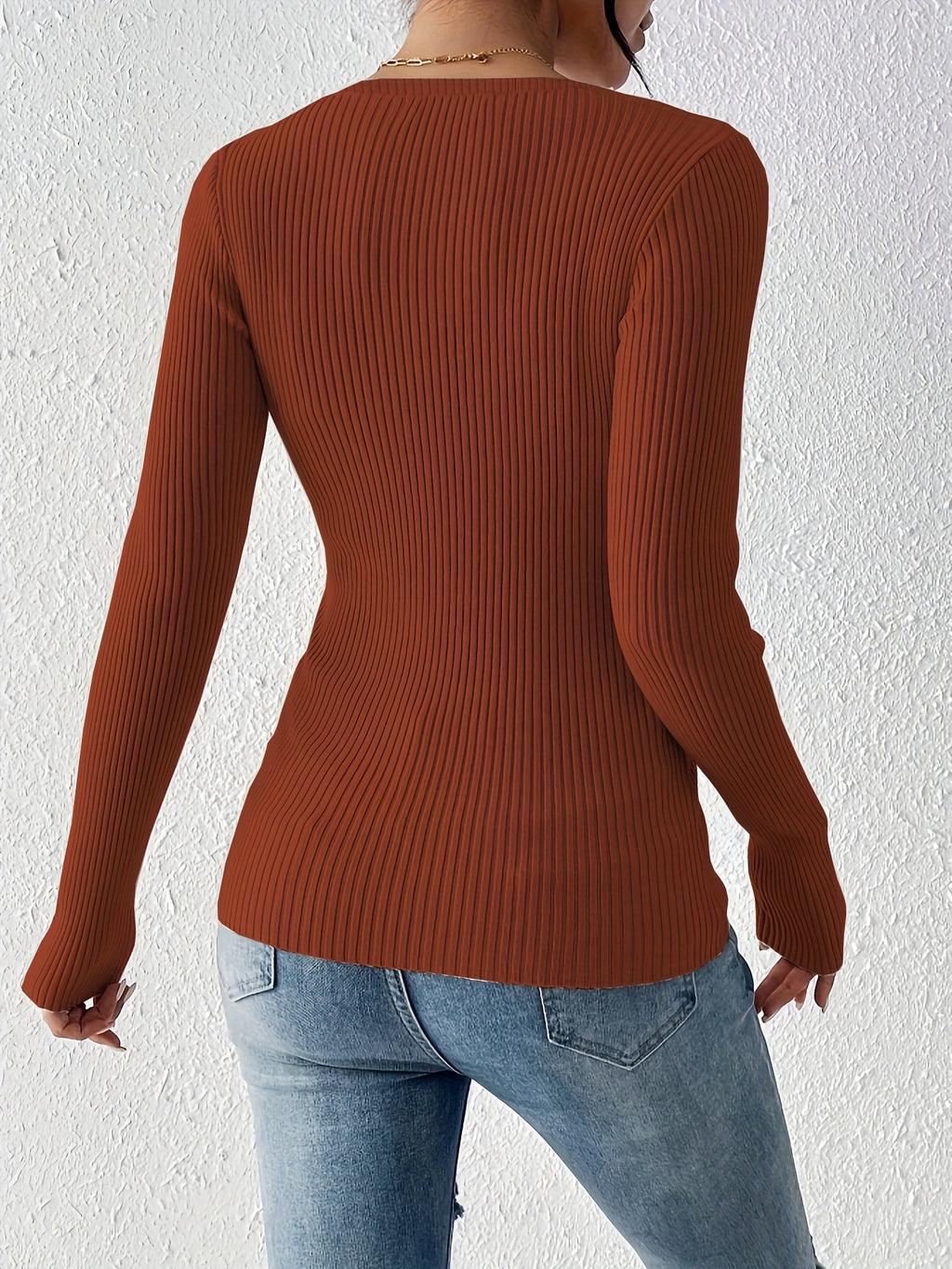 Front button solid ribbed sweater, elegant long-sleeve fitted cardigan, suitable for autumn and winter season, Women's clothing - Maroon
