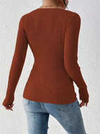 Front button solid ribbed sweater, elegant long-sleeve fitted cardigan, suitable for autumn and winter season, Women's clothing - Maroon