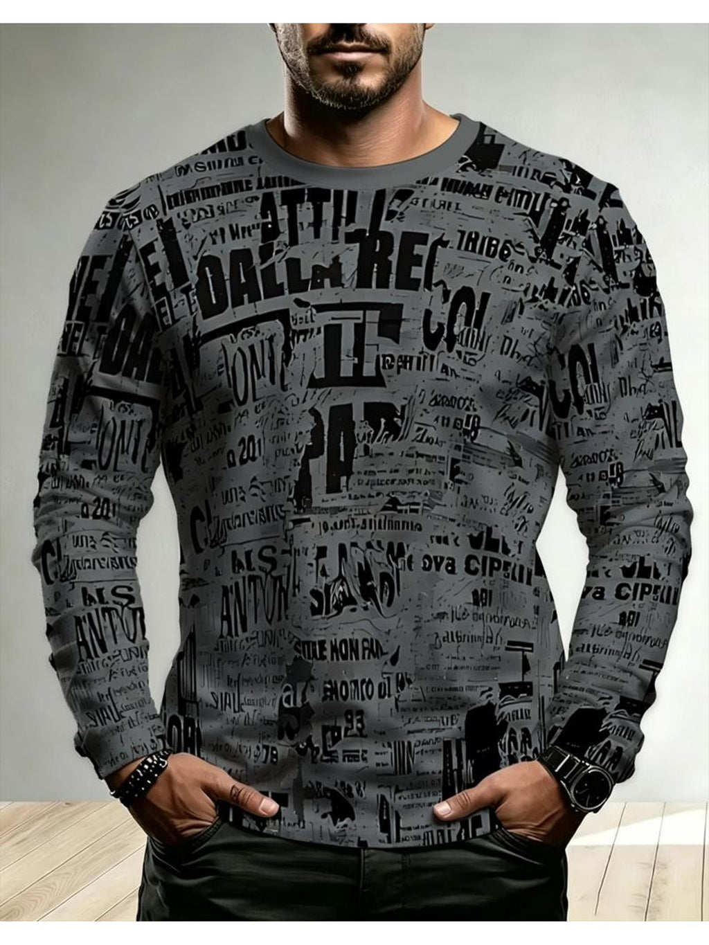 Men'S Fashion Long Sleeve T-Shirt, Black And White Abstract Text Collage Print, Casual Wear, Trendy Design, Comfortable Fit [Print Design - No Texture] - Mixed colors