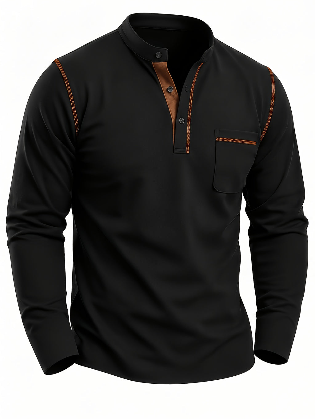 1pc Men'S Long Sleeve Henley Shirt, Stand Collar Slim Fit Casual Top, Solid Color Micro-Elastic Machine Washable Fabric, Contrast Stitching, Pocket Design Suitable for Early Autumn, for Daily, Travel, Dates - Black